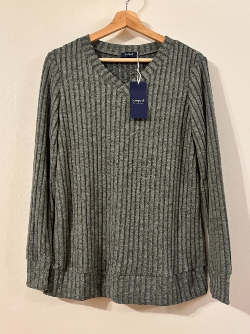 Sage Green Ribbed Knit V-Neck Long Sleeve Fall Sweater Womens Size S